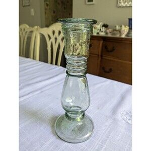 Antique Look Glass Candlestick/Bud Vase Green Tinted Thick 8" Farmhouse Cottage
